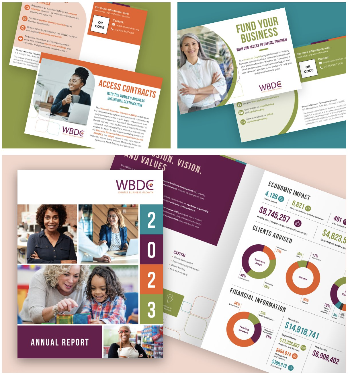 a collage of print materials Greenleaf Media designed for WBDC: postcard mailers and an annual report booklet