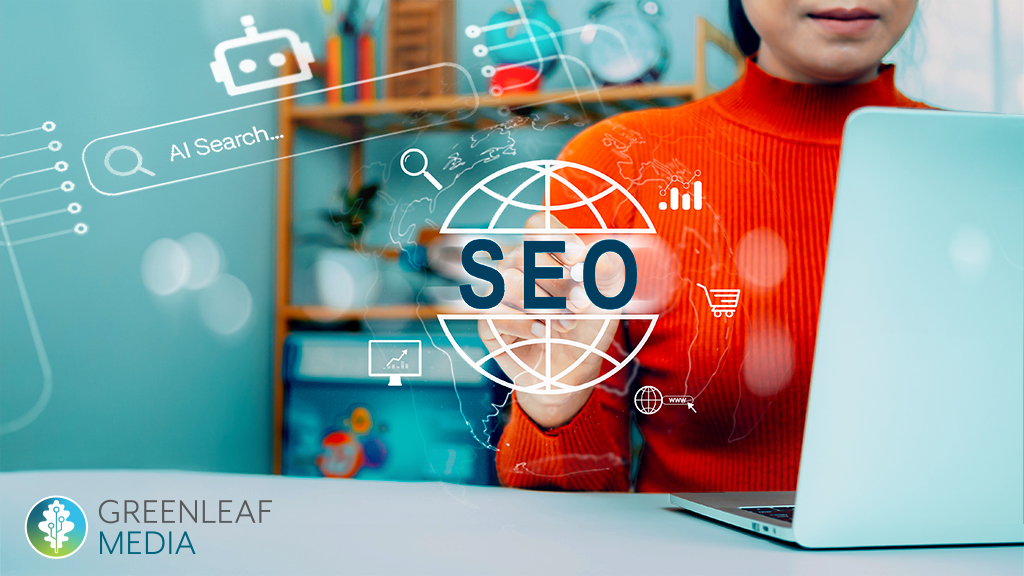 image of woman at computer with text SEO 